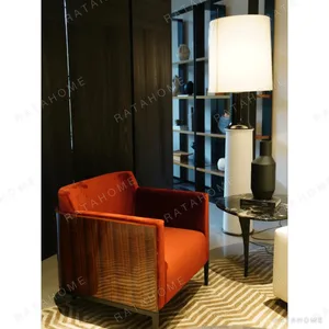 Wine Red Velvet Cube Armchair with Rosewood Veneer Frame in burgundy — in a room setting