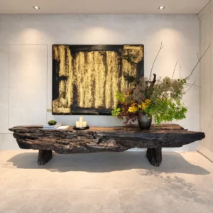 Carved Wood and Gold Leaf Abstract Wall Art in brushed brass — front view