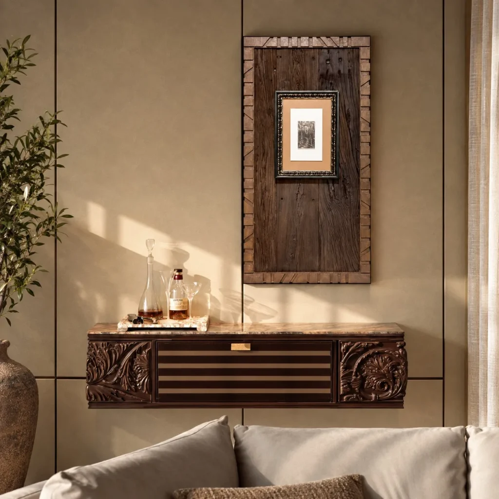 Reclaimed Wood Carved Frame Wall Art in clay — front view