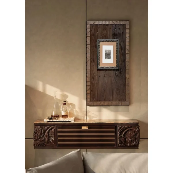 Reclaimed Wood Carved Frame Wall Art in clay — in a room setting