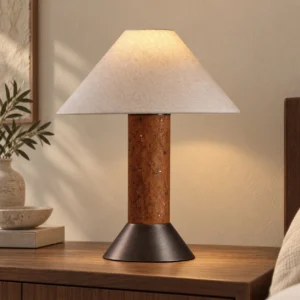 Cork-Look Wood Column Table Lamp with White Cone Shade in clay — front view