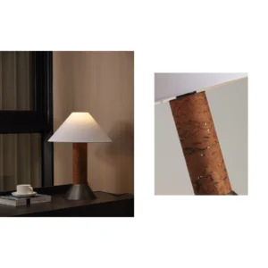 Cork-Look Wood Column Table Lamp with White Cone Shade in clay — in a room setting
