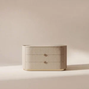 Oval Embossed Leather Chest with Matte Gold Pulls in sand — front view