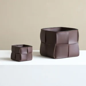 Woven Brown Leather Square Storage Baskets, Set of Two in clay — front view