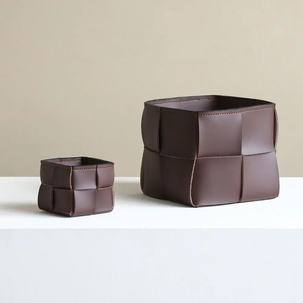 Woven Brown Leather Square Storage Baskets, Set of Two in clay — front view