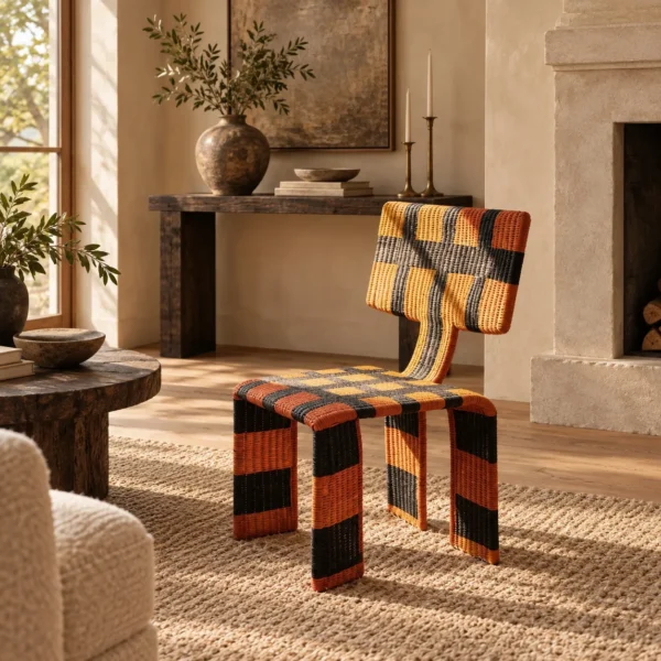 Woven Net Chair in Orange and Black Check Webbing — in a room setting