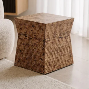 Woven Texture Bamboo Cube Side Table in Coffee Brown — front view