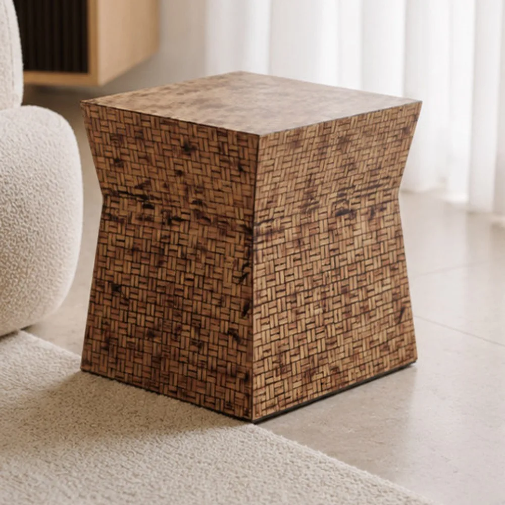 Woven Texture Bamboo Cube Side Table in Coffee Brown — front view