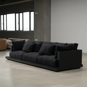 Wunian Black Sofa with Chunky Solid Wood Frame and Deep Cushions — front view