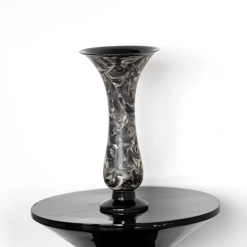 Artist Collaboration Black and Silver Marbled Trumpet Vase in black — front view