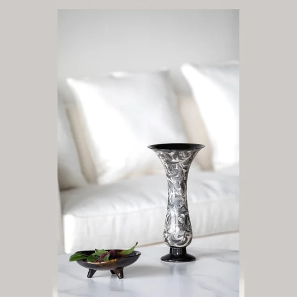 Artist Collaboration Black and Silver Marbled Trumpet Vase in black — in a room setting