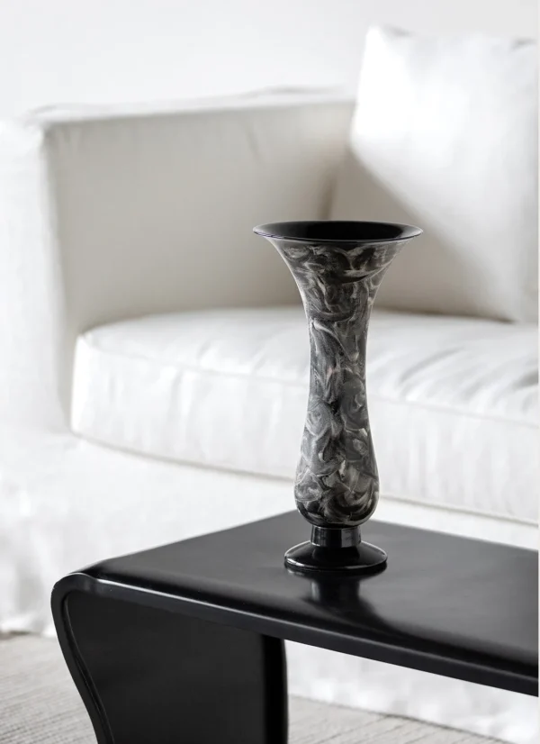 Artist Collaboration Black and Silver Marbled Trumpet Vase in black — in a room setting