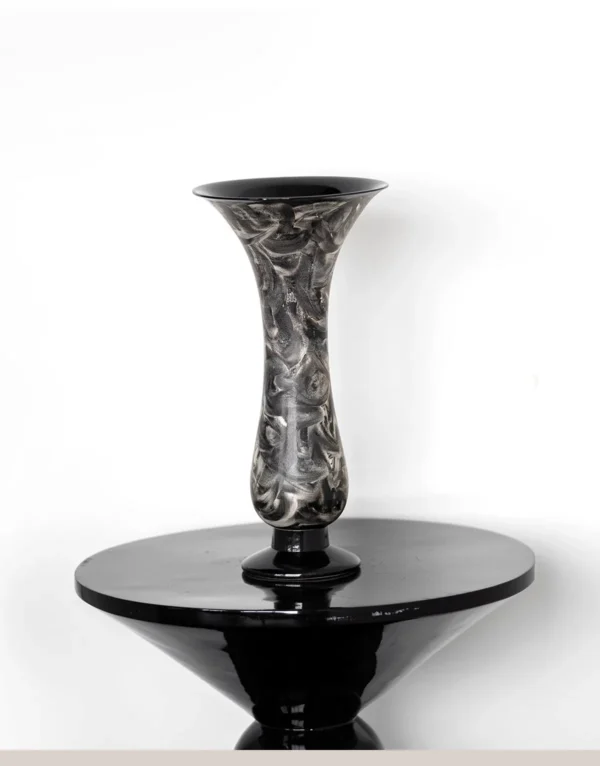 Artist Collaboration Black and Silver Marbled Trumpet Vase in black — in a room setting