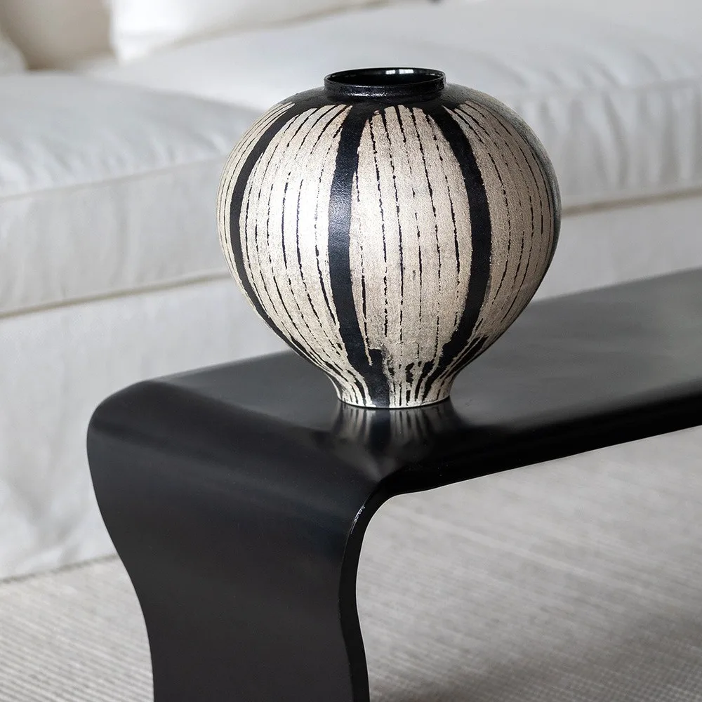 Artist Collaboration Hand-Painted White Line Sphere Vase in black — front view
