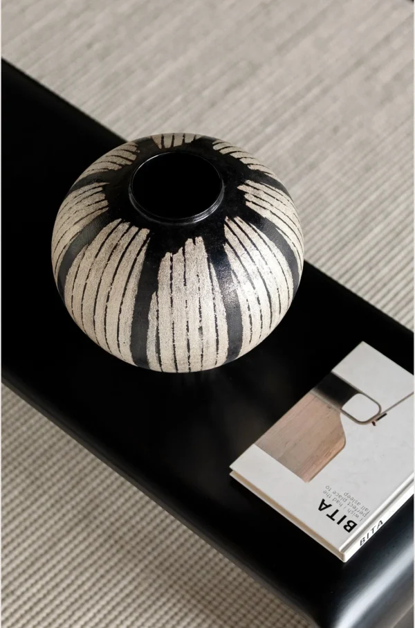 Artist Collaboration Hand-Painted White Line Sphere Vase in black — in a room setting