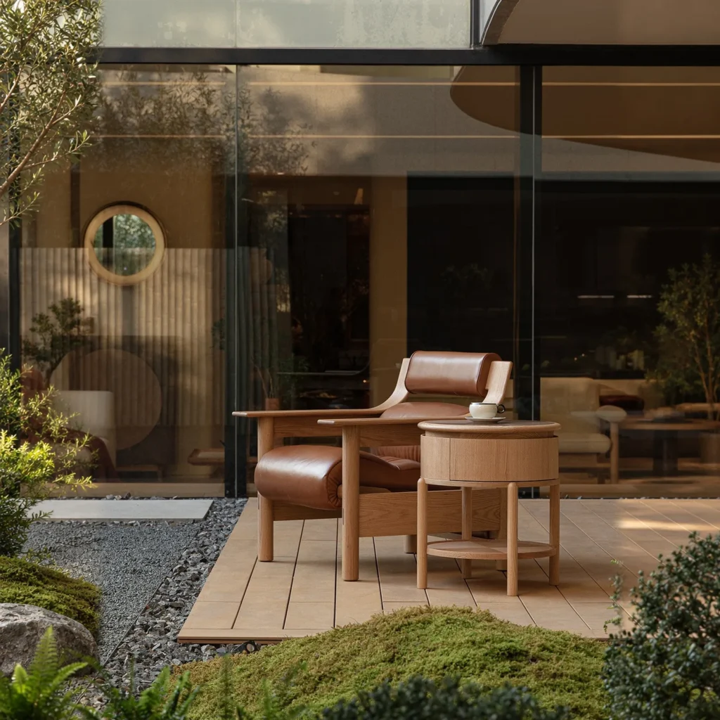 Xiaoyao Oak Lounge Chair in Chestnut Leather, 82 cm — front view