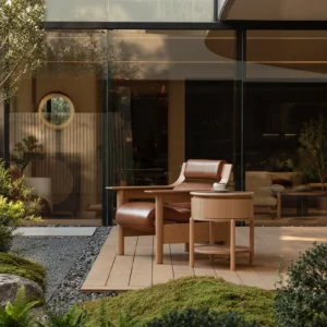 Xiaoyao Oak Lounge Chair in Chestnut Leather, 82 cm — front view