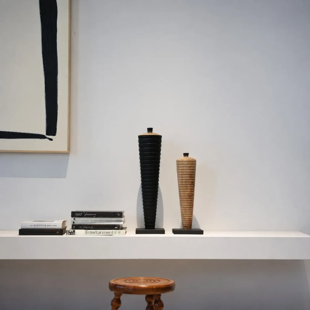 Charred Solid Wood Ribbed Column Ornaments, Pair in black — front view