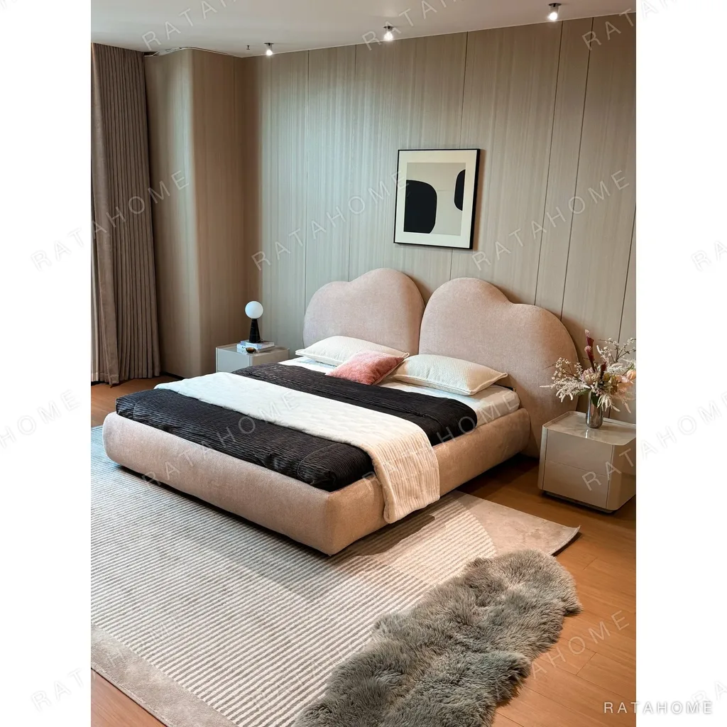 Xinyu Heart-Shaped Headboard Bed in rose stone — in a room setting