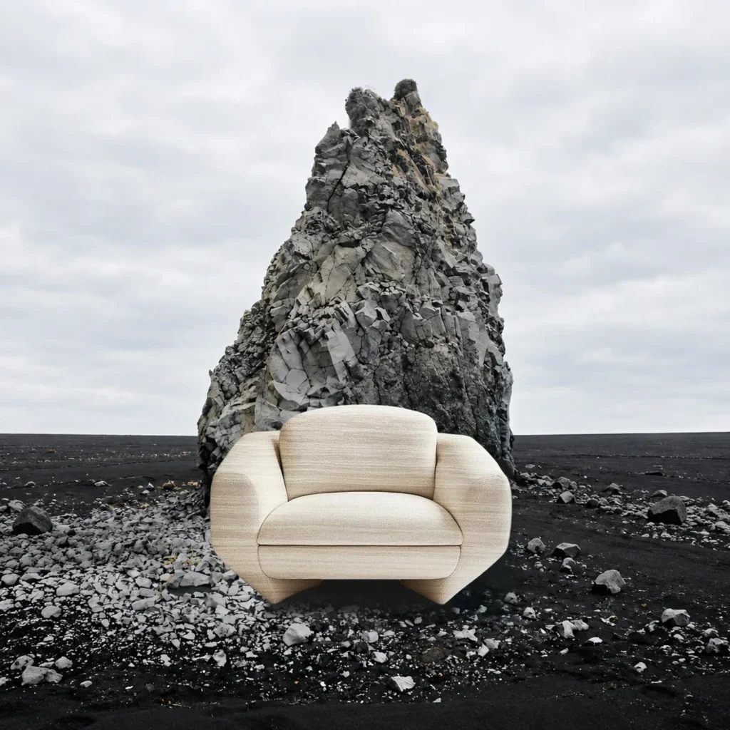 Xiya Cream Ribbed Fabric Armchair with Rounded Block Form in oatmeal — front view
