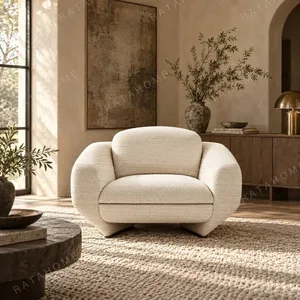 Xiya Cream Ribbed Fabric Armchair with Rounded Block Form in oatmeal — in a room setting