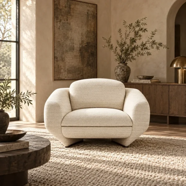 Xiya Cream Ribbed Fabric Armchair with Rounded Block Form in oatmeal — in a room setting