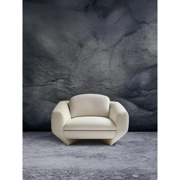 Xiya Cream Ribbed Fabric Armchair with Rounded Block Form in oatmeal — in a room setting