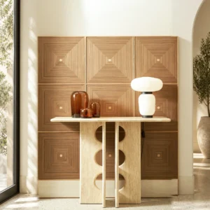 Xuanji Travertine Console with Split-Circle Base in oatmeal — front view