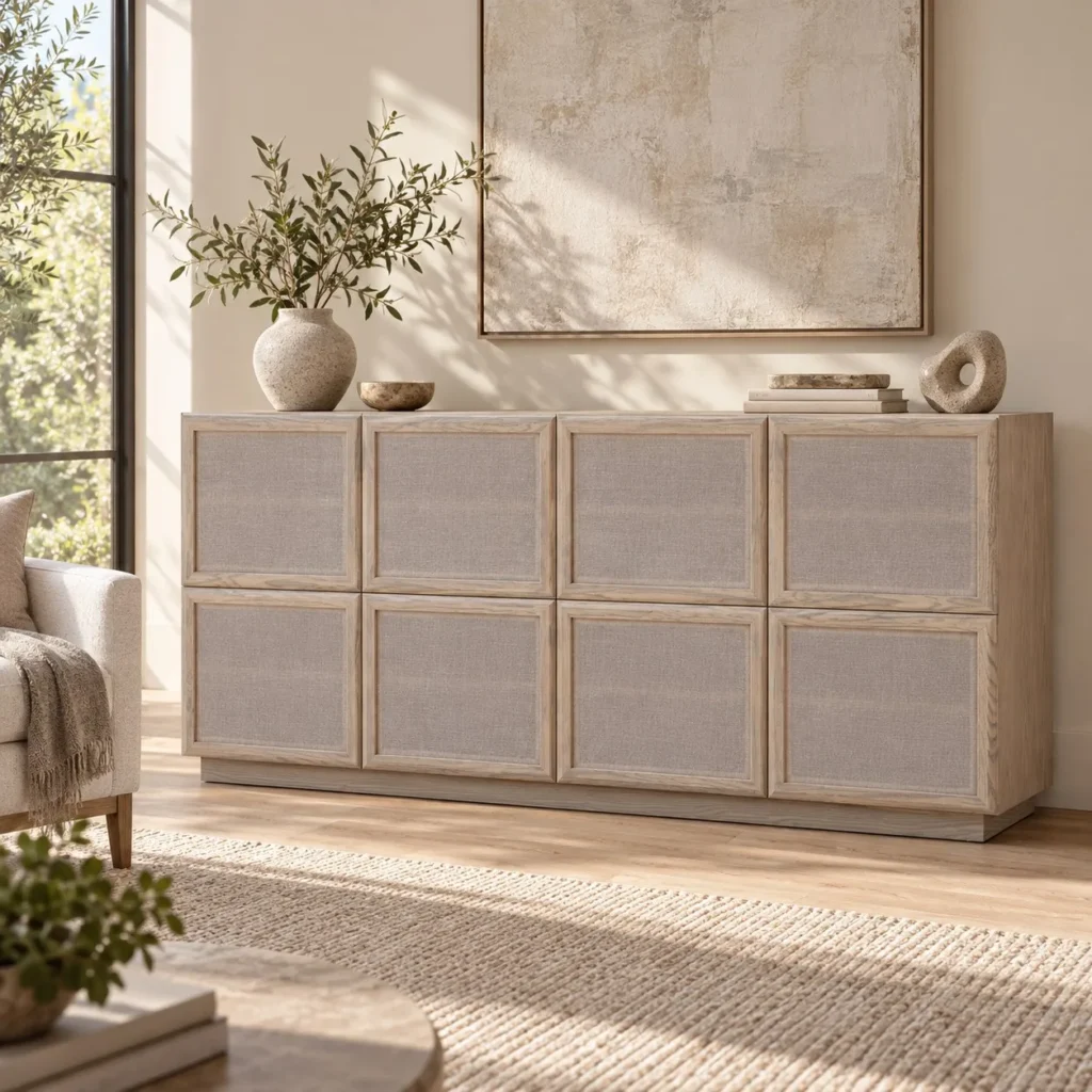 Xufang Ash Sideboard with Linen-Panelled Doors in natural oak — front view