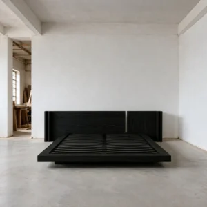 Yamato Black Oak Platform Bed with Extended Headboard in black — front view
