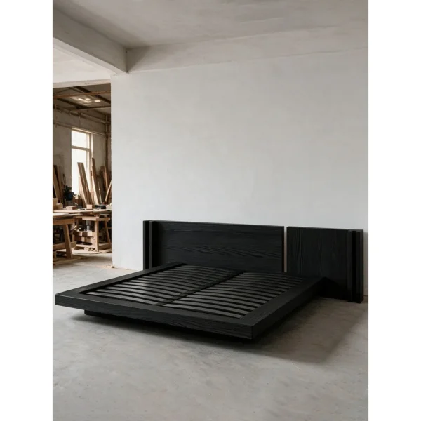 Yamato Black Oak Platform Bed with Extended Headboard in black — in a room setting