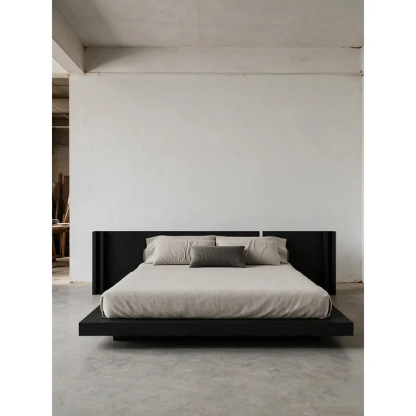 Yamato Black Oak Platform Bed with Extended Headboard in black — in a room setting