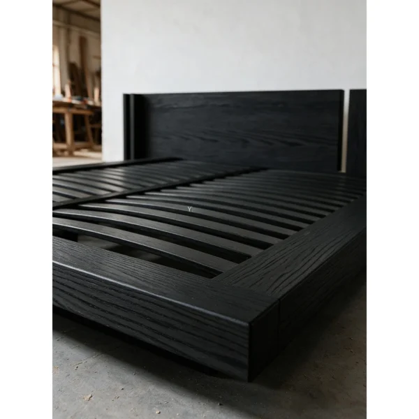 Yamato Black Oak Platform Bed with Extended Headboard in black — in a room setting