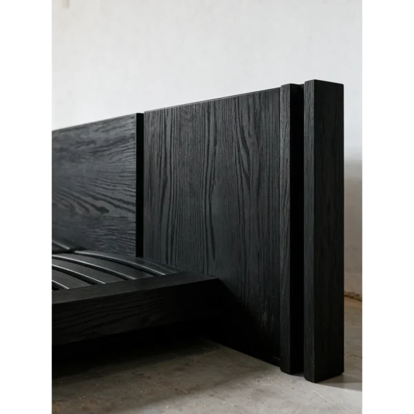 Yamato Black Oak Platform Bed with Extended Headboard in black — in a room setting