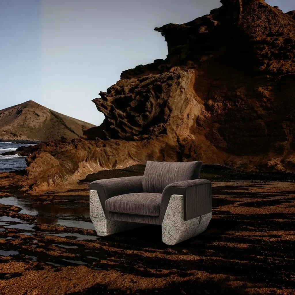 Yanyi Rock Armchair with Stone Sides in Grey Fabric — front view