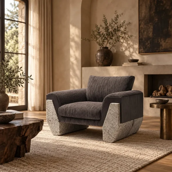 Yanyi Rock Armchair with Stone Sides in Grey Fabric — in a room setting