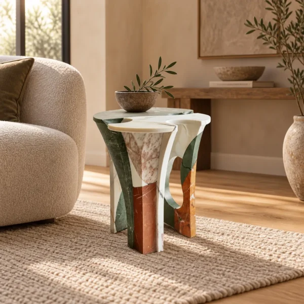 Yeshi Smelted Stone Side Table in Mixed Marble — in a room setting