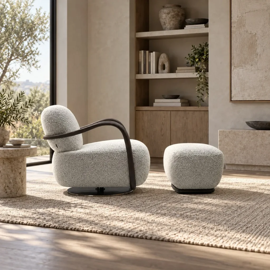 Yetti Award-Winning Bouclé Swivel Lounge Chair with Ottoman in slate — front view