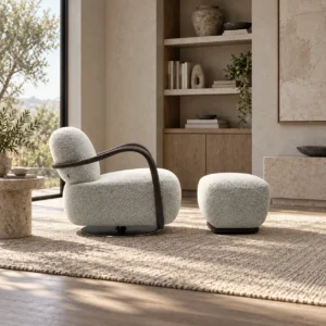 Yetti Award-Winning Bouclé Swivel Lounge Chair with Ottoman in slate — front view