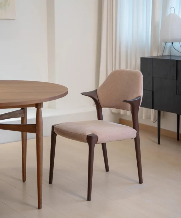 Ygg Ash Armchair with Curved Arms and Tie-Dyed Cotton Seat in walnut — in a room setting