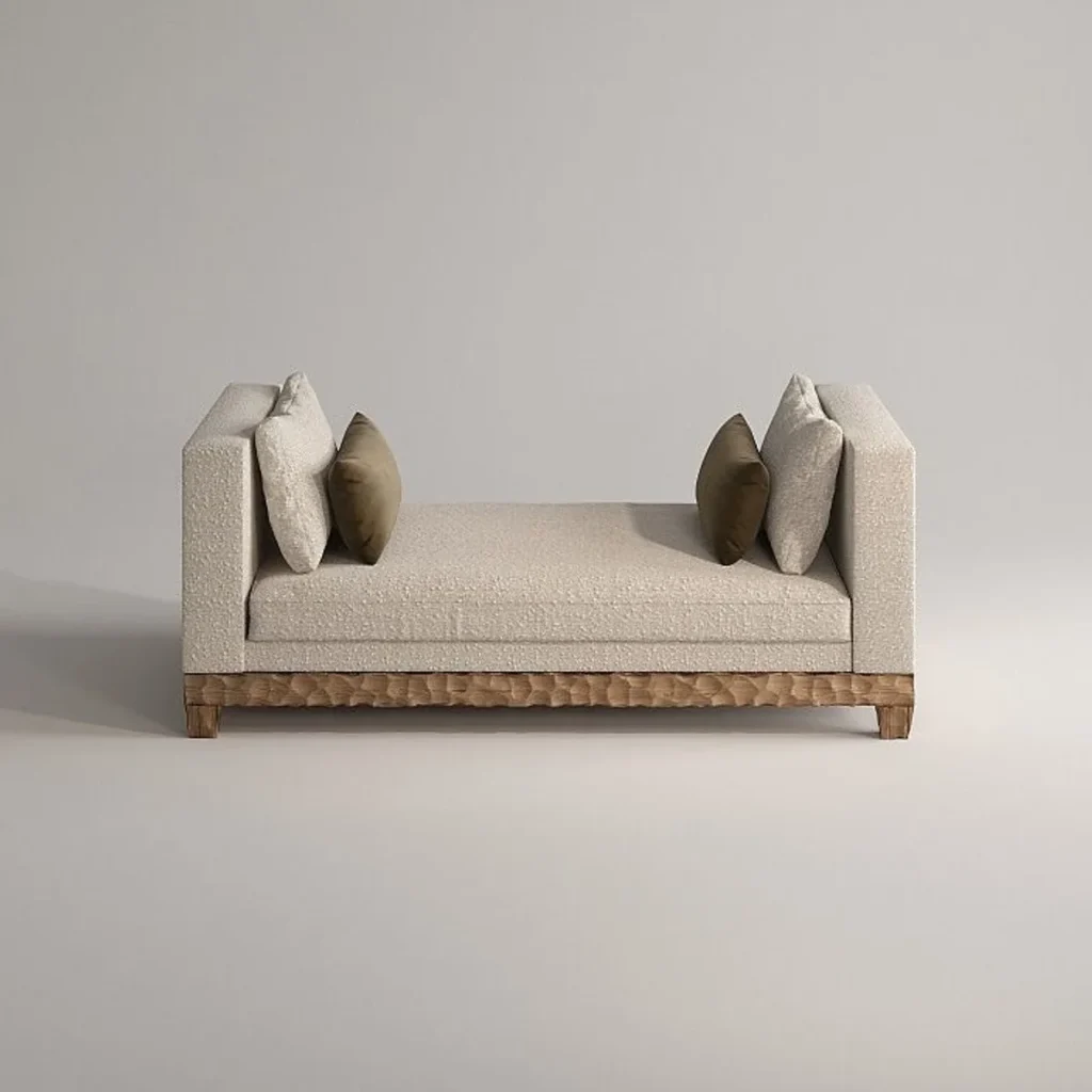 Cream Fabric Daybed with Thick Arms on Carved Wood Base — front view