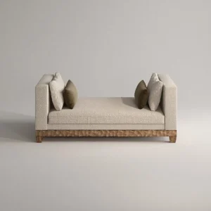 Cream Fabric Daybed with Thick Arms on Carved Wood Base — front view