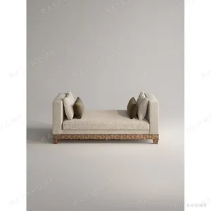 Cream Fabric Daybed with Thick Arms on Carved Wood Base in oatmeal — in a room setting
