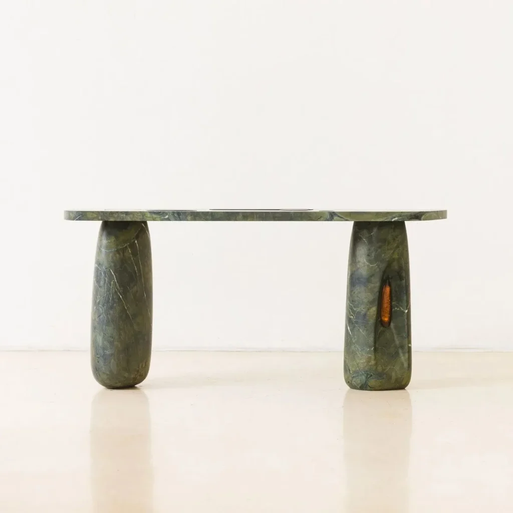 Lüye Dark Green Marble Console on Rough Stone Legs in olive — front view