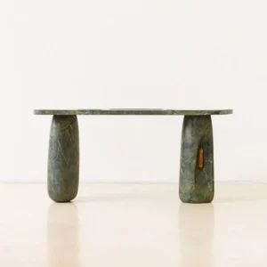 Lüye Dark Green Marble Console on Rough Stone Legs in olive — front view