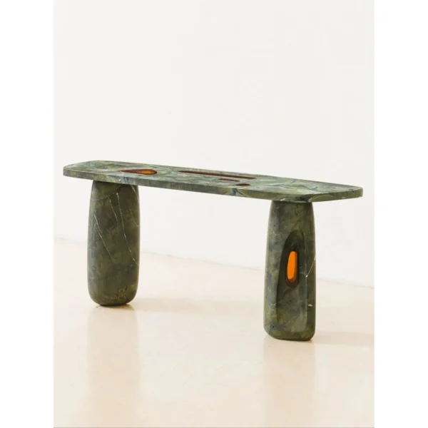 Lüye Dark Green Marble Console on Rough Stone Legs in olive — in a room setting