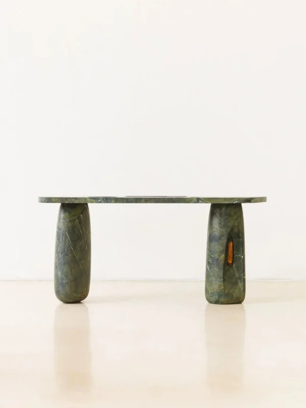 Lüye Dark Green Marble Console on Rough Stone Legs in olive — in a room setting