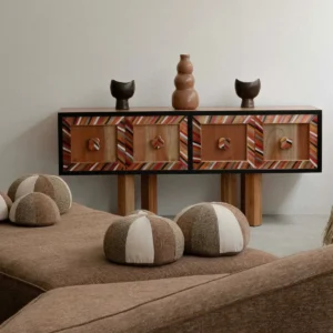 Hand-Painted Striped Solid Wood Sideboard on Turned Legs — front view