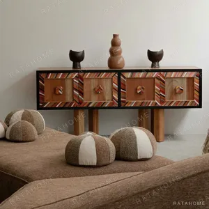 Hand-Painted Striped Solid Wood Sideboard on Turned Legs in multicolour — in a room setting