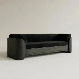 Ink Charm Black Velvet Sofa with Rounded Wood Arms — front view
